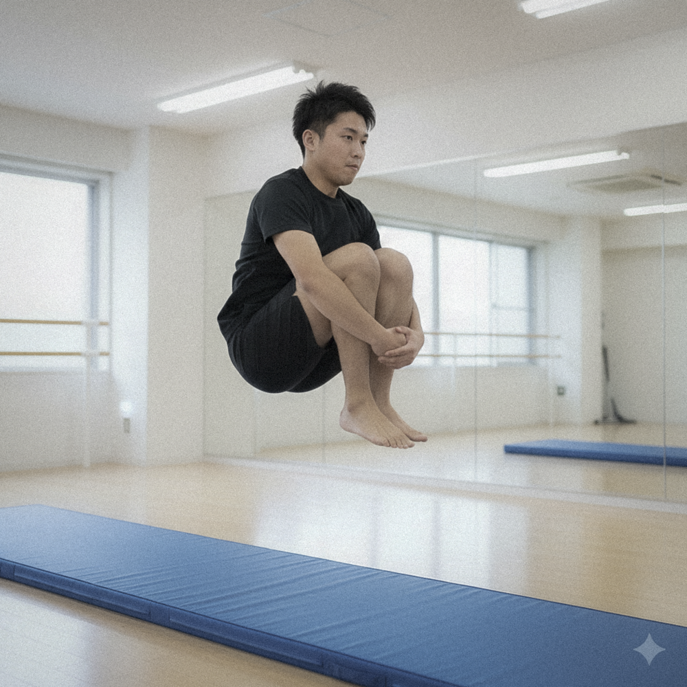 ジャンプしながら膝を抱える男性